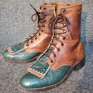 Vintage	Leather Fringed Cowboy -ish Lace Up Boots